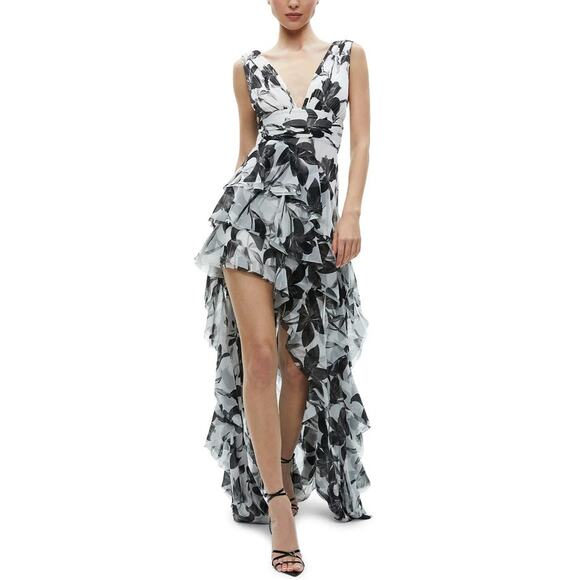 ALICE + OLIVIA WOMENS 12 HOLLY HIGH LOW RUFFLE MAXI DRESS FLORAL BLACK WHITE NWT - Picture 1 of 15